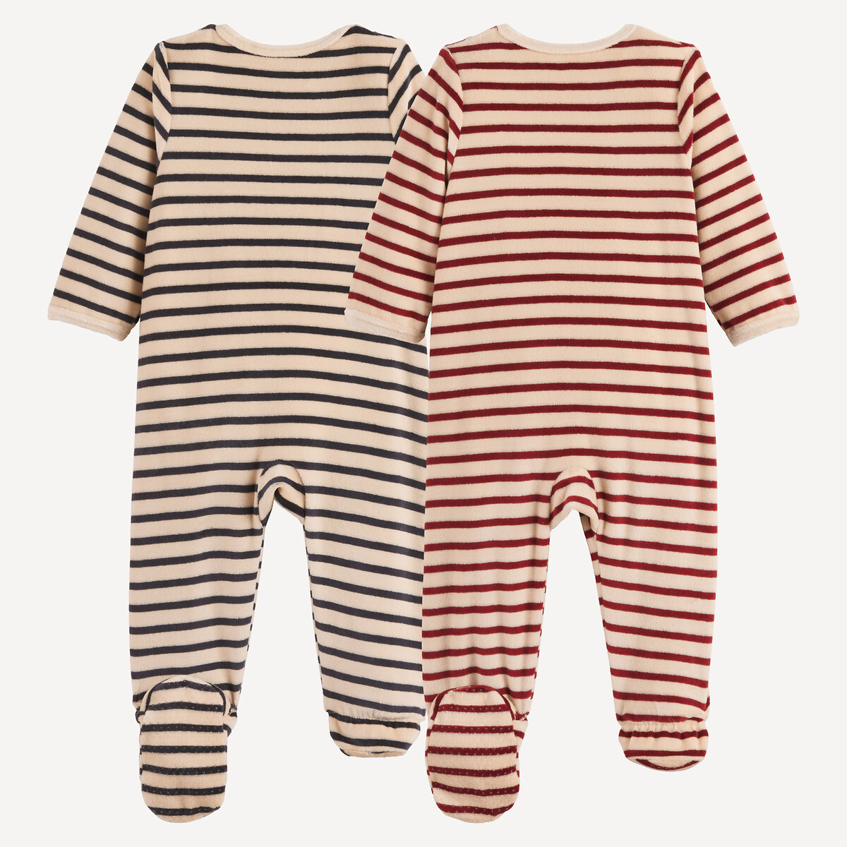 Lot de 2 pyjamas 1 pièce rayés, avec motif ours brodé devant, en velours assortis, LA REDOUTE COLLECTIONS
