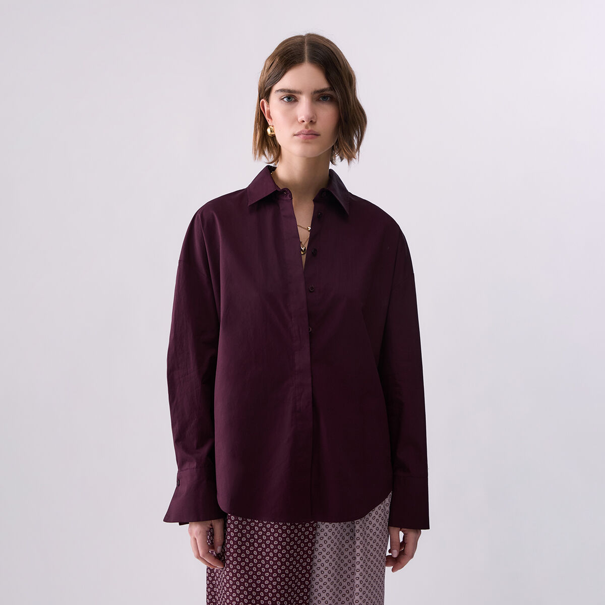 Chemise avec insert en satin jacquard aubergine, LIU JO