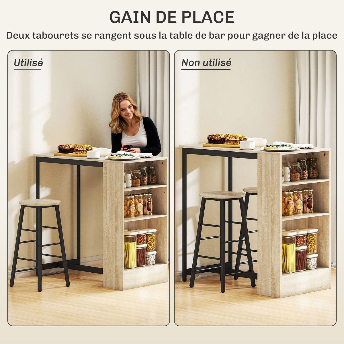 Ensemble de table de bar Panneau de chêne et noir, HOMCOM