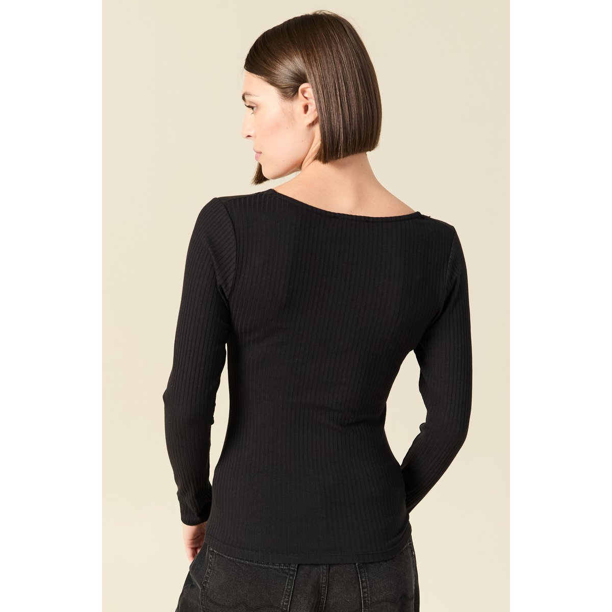 T-shirt cintré col v dentelle noir, BONOBO