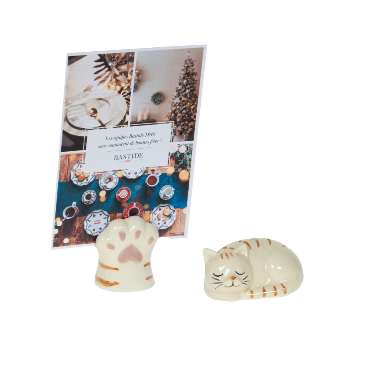 Coffret 2 porte photos chat en céramique crème / ivoire, AMADEUS