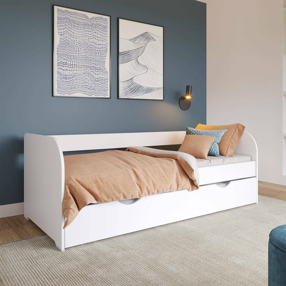 Pack lit banquette Gigogne avec matelas Bois massif  EZRA blanc, AKITEN RETAIL