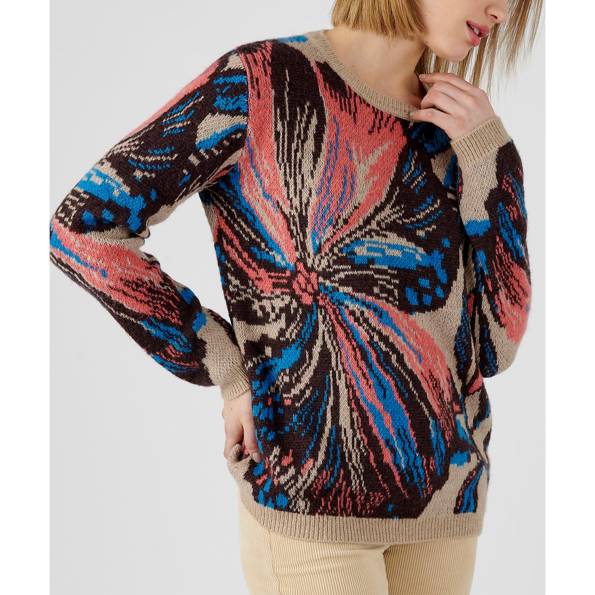 Pull jacquard marron jacquard feuille, DAMART