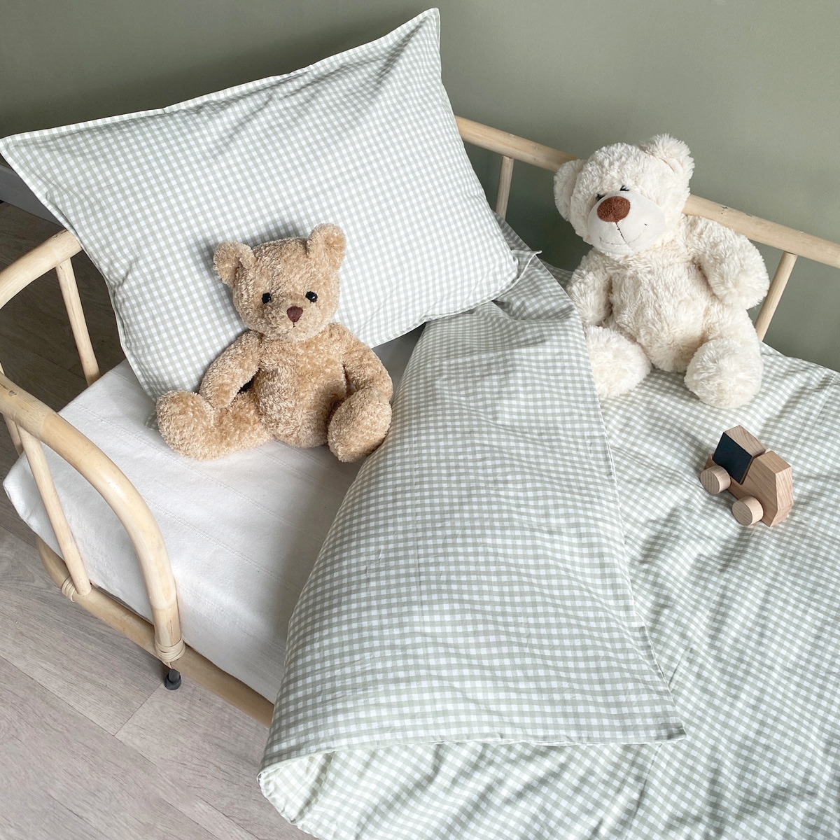 Parure de couette bébé vichy coton bio OLIVE vert, LITTLE CREVETTE