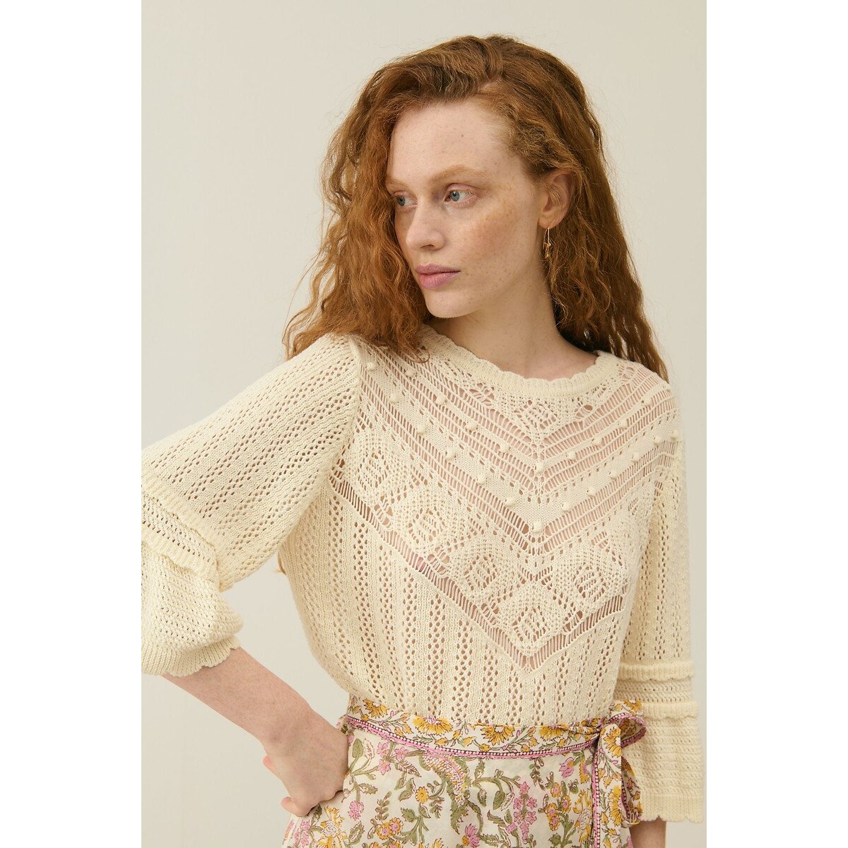 Croisette Crochet Knit Jumper with Elbow-Length Sleeves ecru , LOUISE MISHA