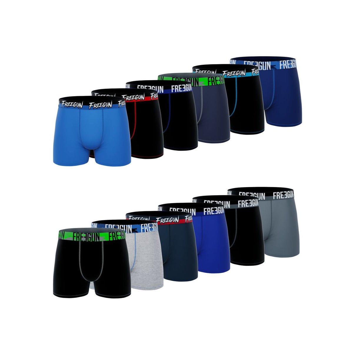 Lot De 12 Boxers Surprise Coton noir/bleu/gris/rouge/jaune/orange/vert, FREEGUN
