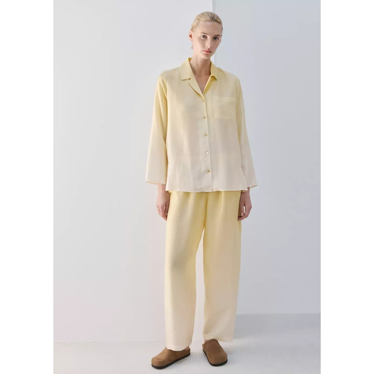 Pantalon soie dégradé jaune pastel, MANGO
