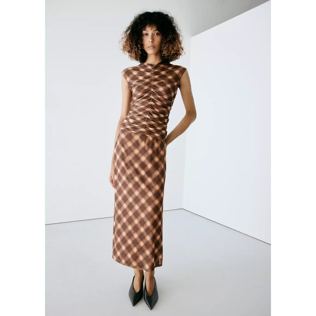 Top carreaux froncé marron, MANGO