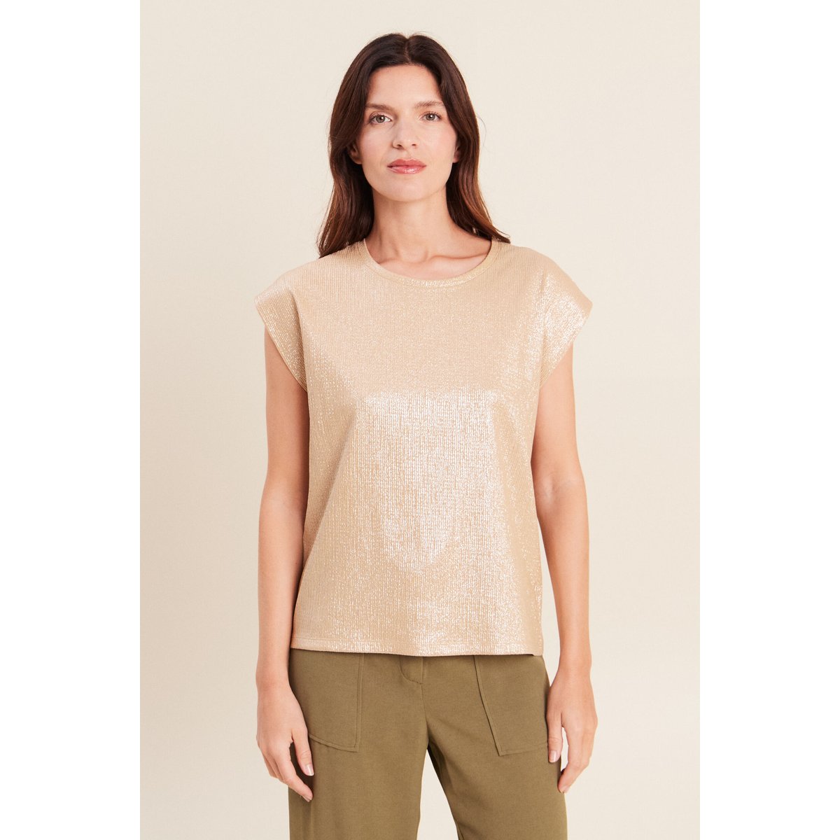 T-shirt col rond sans manches beige, BREAL