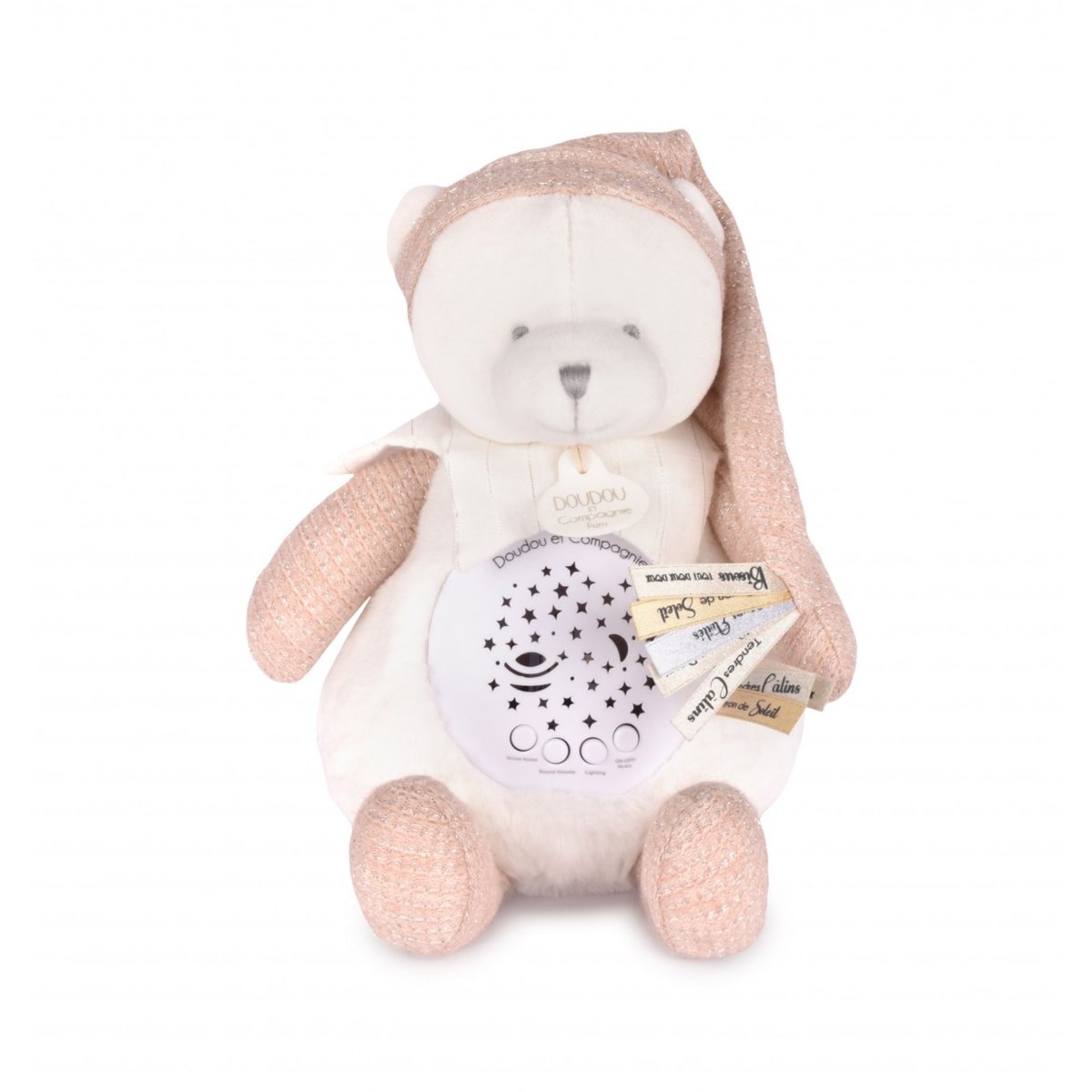 Veilleuse peluche musicale ours rose, DOUDOU ET COMPAGNIE