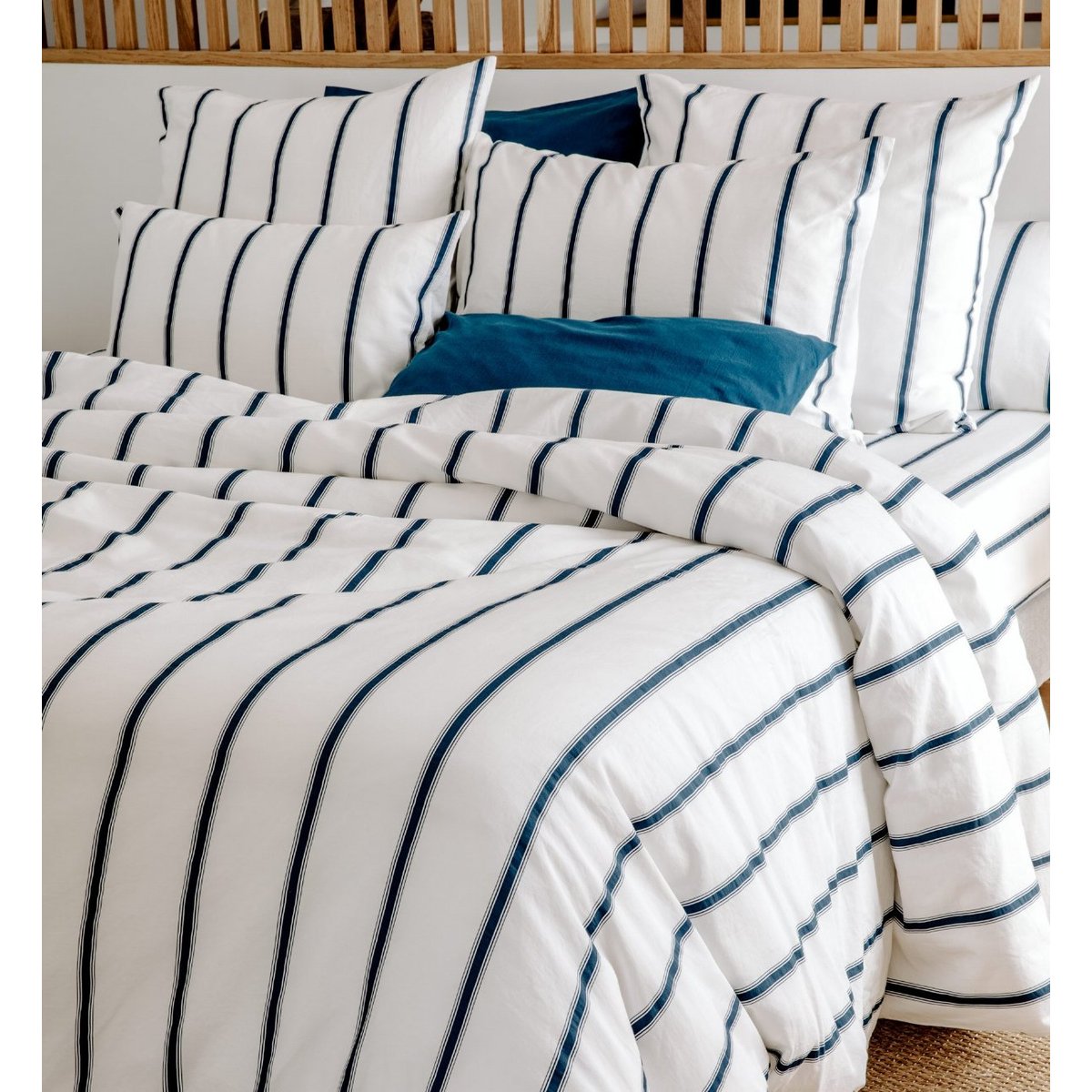 Drap housse adulte Coton Bio Rayé BAÏA baïa bleu nuit, KADOLIS