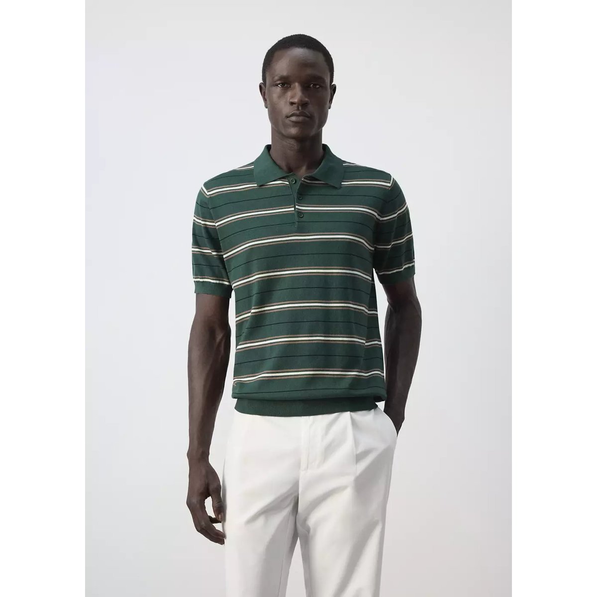 Polo 100 % coton maille fine à rayures vert billard, MANGO MAN