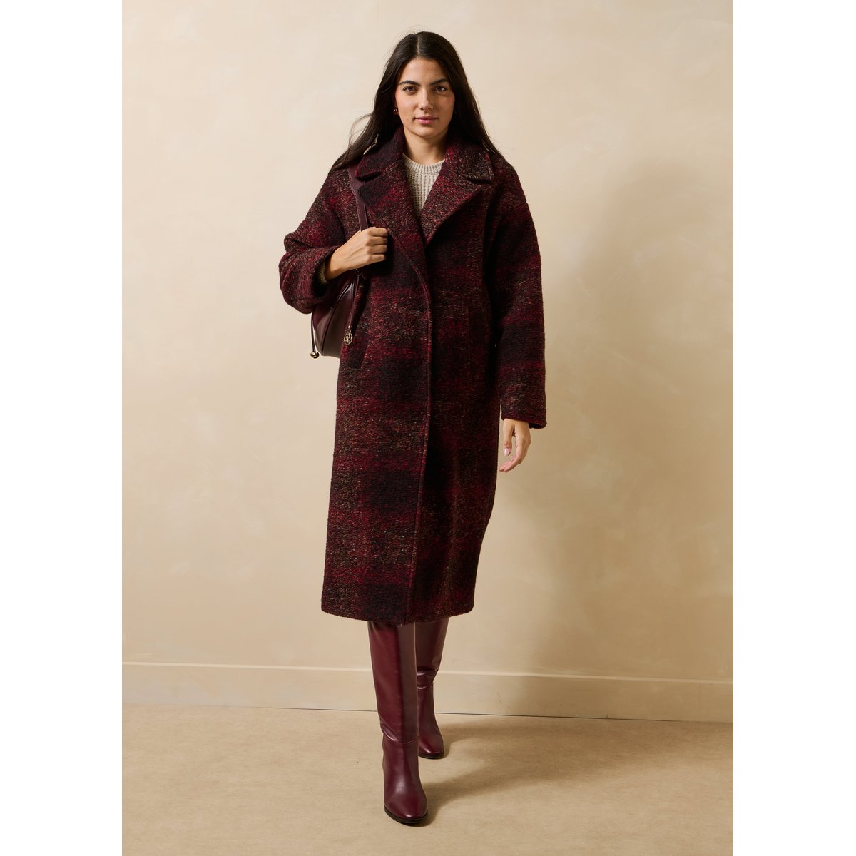 Manteau 3/4 à carreaux col tailleur bordeaux, LA FEE MARABOUTEE