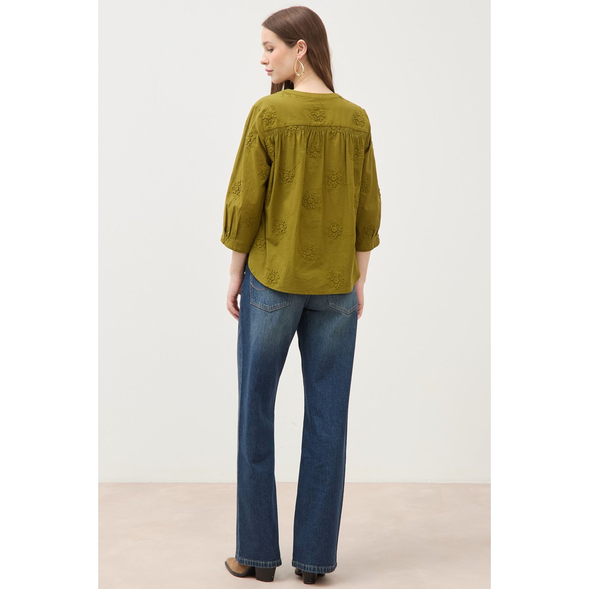 Chemise en coton manches 3/4 vert kaki, BONOBO