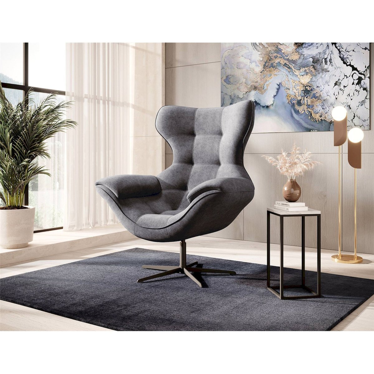 Fauteuil pivotant capitonné en velours gris foncé chiné cloud, RECOLLECTION