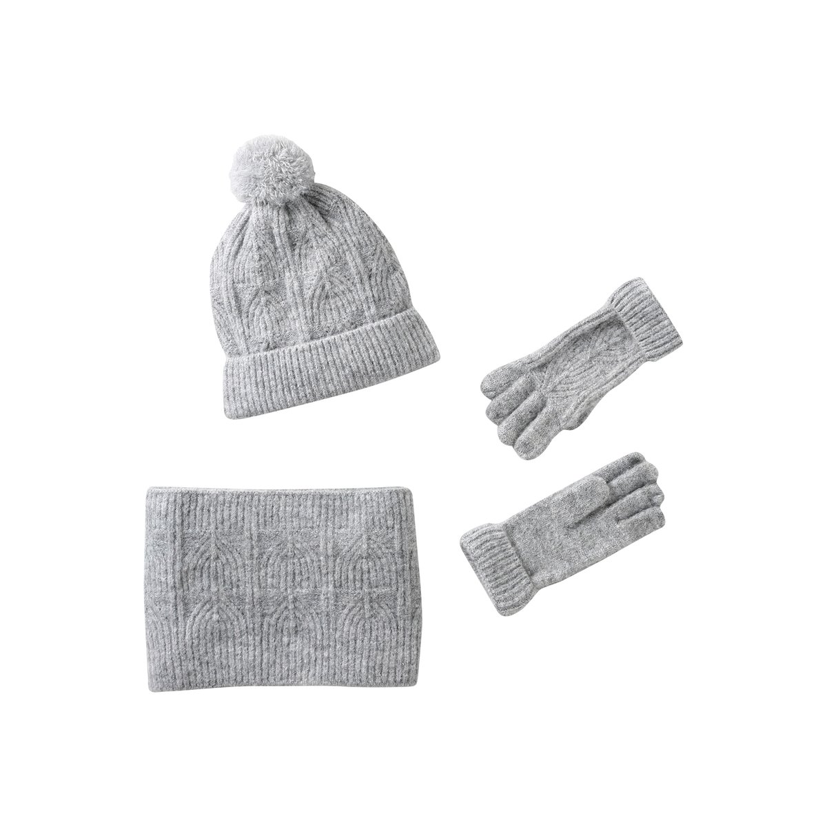 Ensemble bonnet + snood + moufles en maille torsadée mousseuse gris chiné, VERTBAUDET