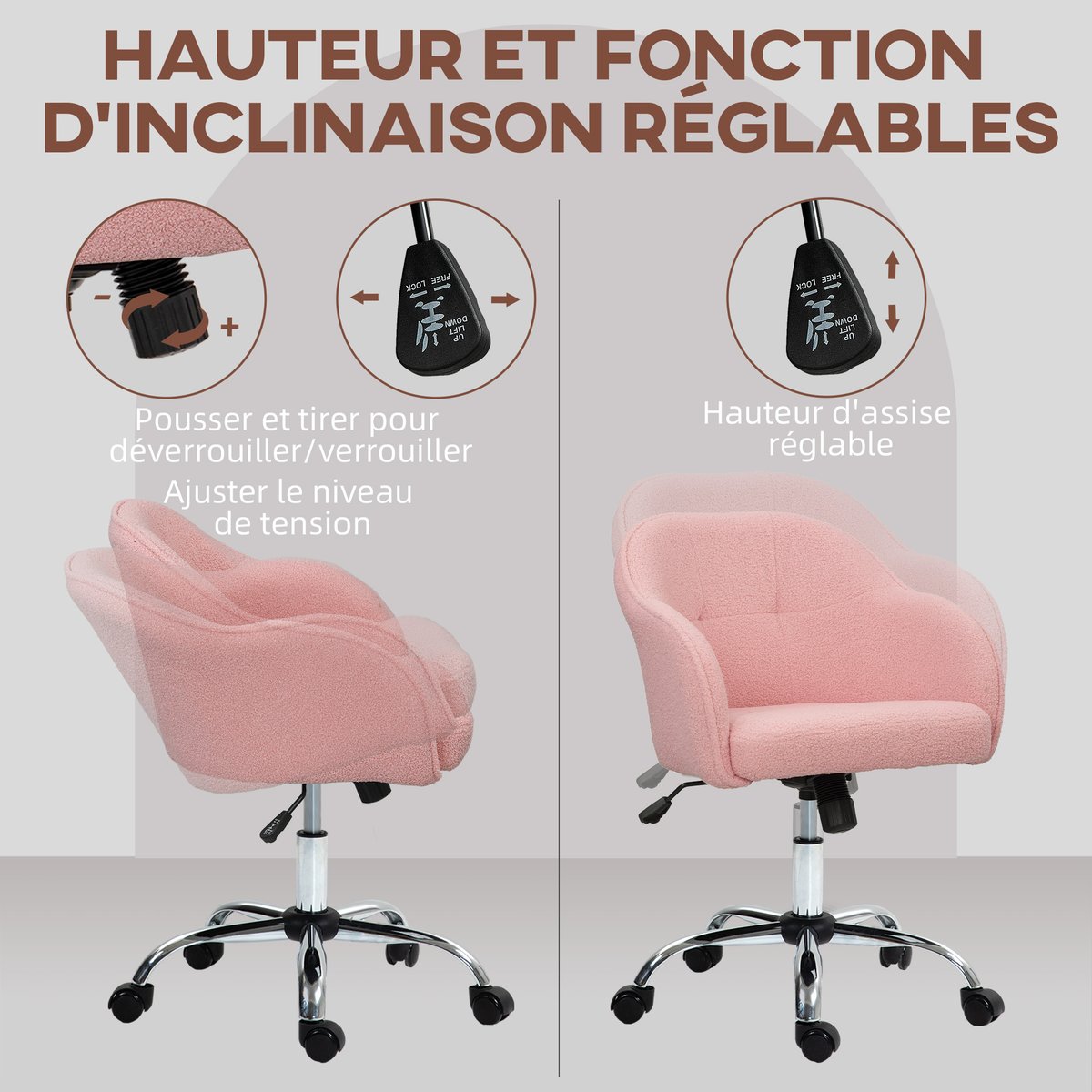 Chaise de bureau Polyester Rose rose, HOMCOM