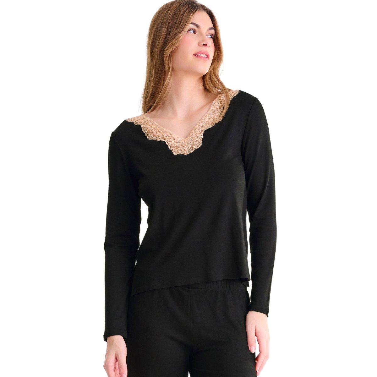 Pyjama pantalon top manches longues TANIA noir, LISCA