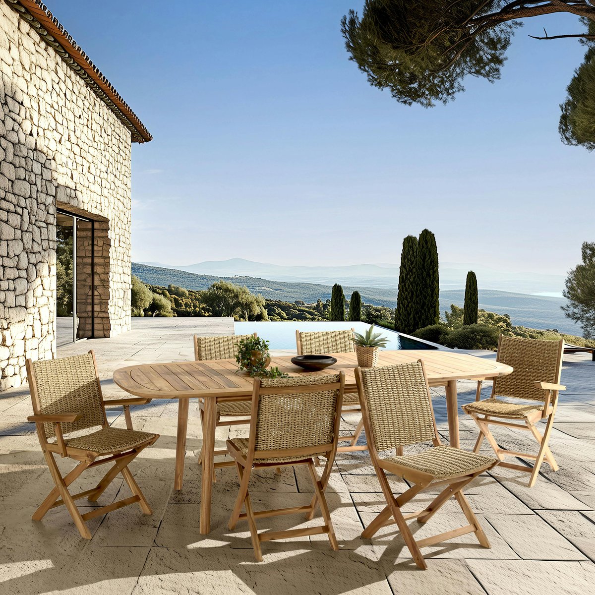 Salon de jardin table extensible et 6 assises  OSTIA bois naturel, PIER IMPORT