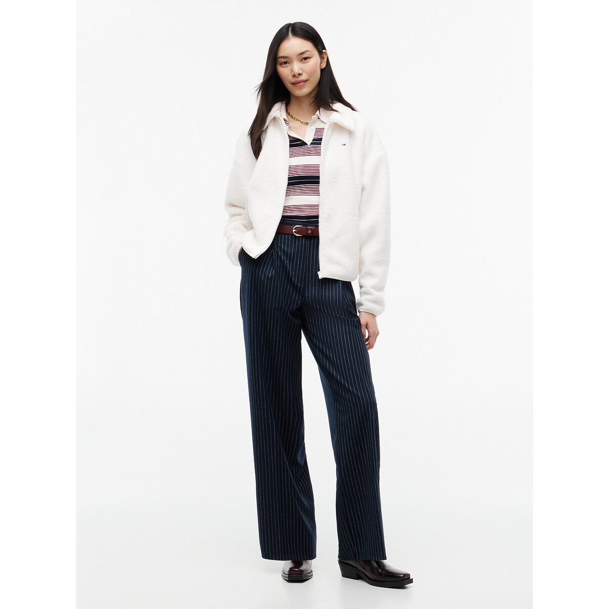 Gilet zippé manches longues en sherpa ecru, TOMMY JEANS