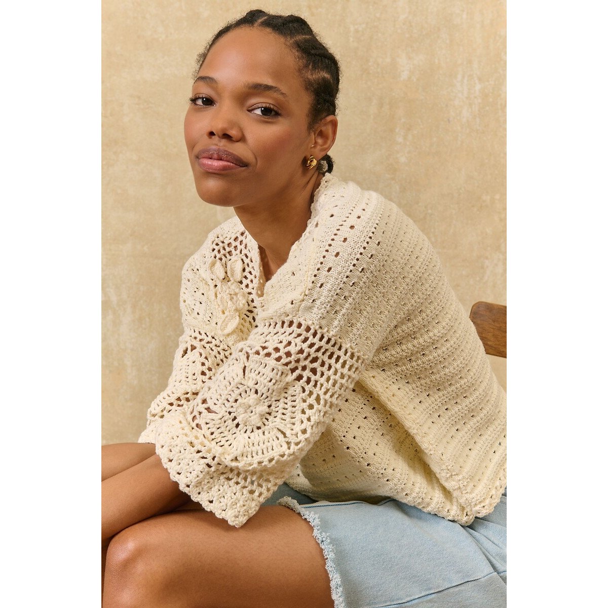 Pull en crochet manches courtes, ELEANOR crème, LOUISE MISHA