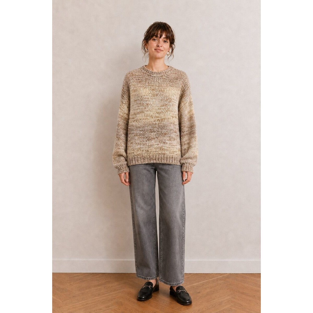 Maglione melange a collo rotondo beige, SEE U SOON