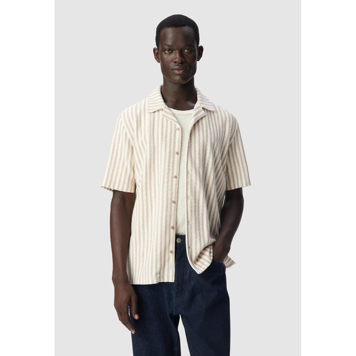 Chemise regular manches courtes maille rayée warm taupe, IKKS