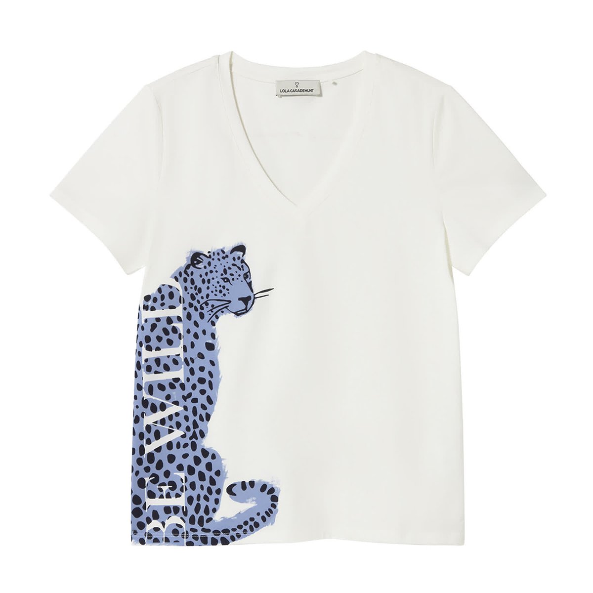T-shirt col V imprimé léopard à fentes latérales blanc, LOLA CASADEMUNT