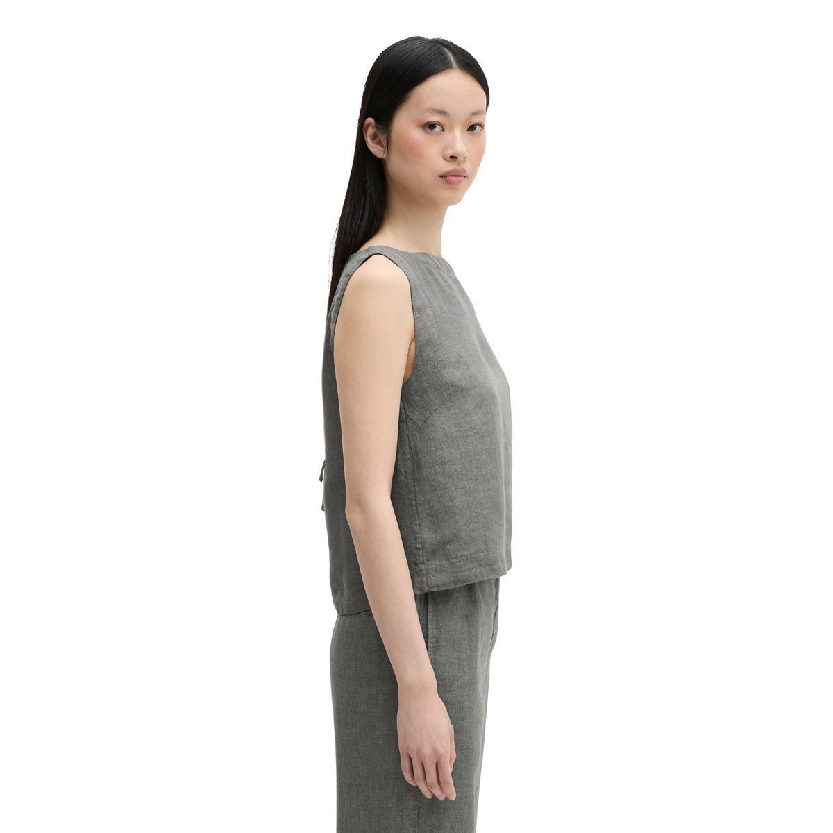 Blouse en lin sans manches regular avec des liens à nouer dans le dos gris, MARC O'POLO