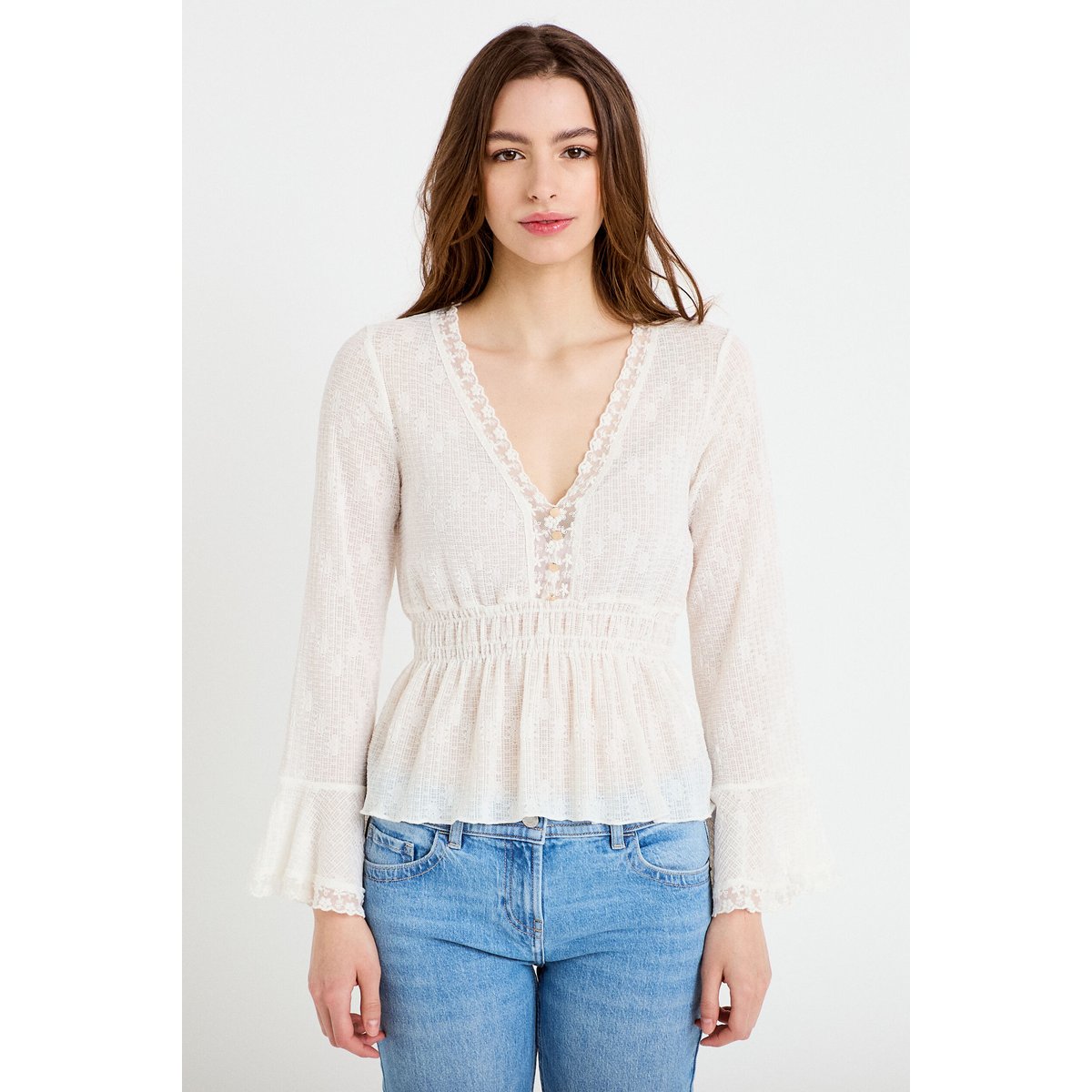 Blouse ajustée col v manches longues ecru, CACHE CACHE