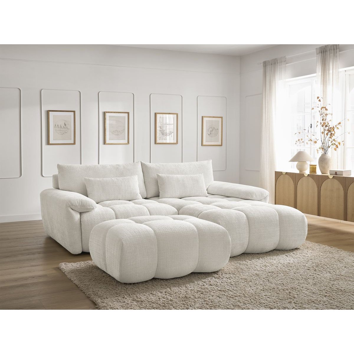 Canapé d'angle fixe 4 places en tissu texturé, IVANE blanc, BOBOCHIC