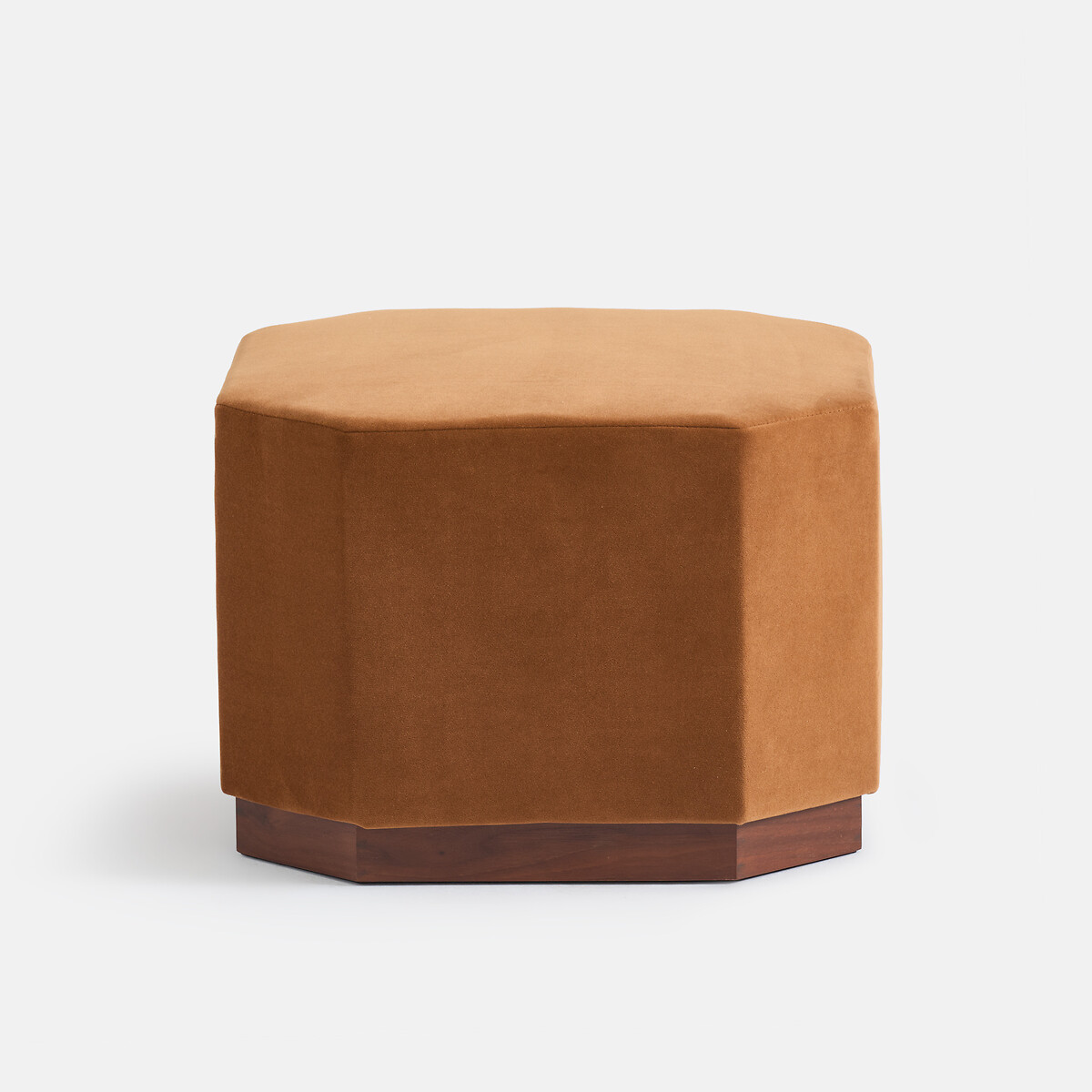 Pouf en velours, base en plaqué noyer, diamètre 47 cm, THALIO caramel, LA REDOUTE INTERIEURS