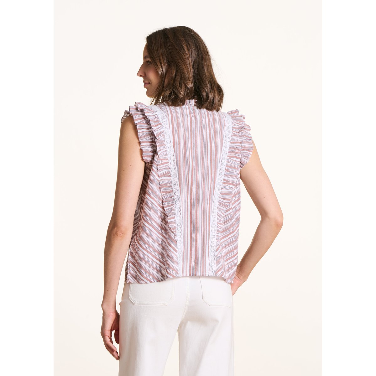 Chemise rayée à volant sans manches blanc/marron, LA FEE MARABOUTEE