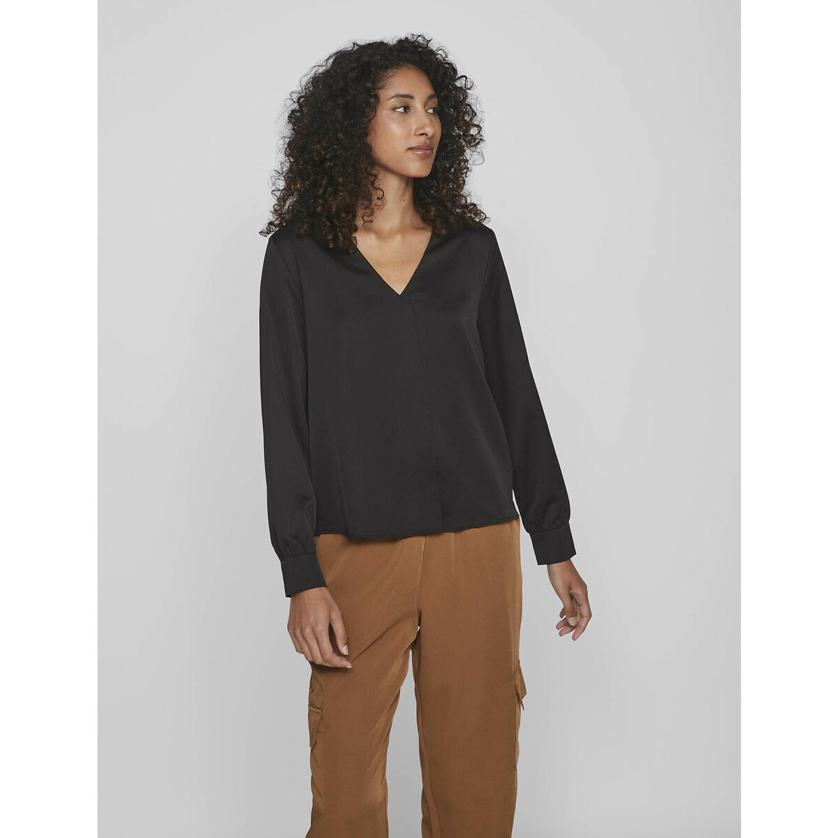 Recycled Satin V-Neck Blouse with Long Sleeves black, VILA