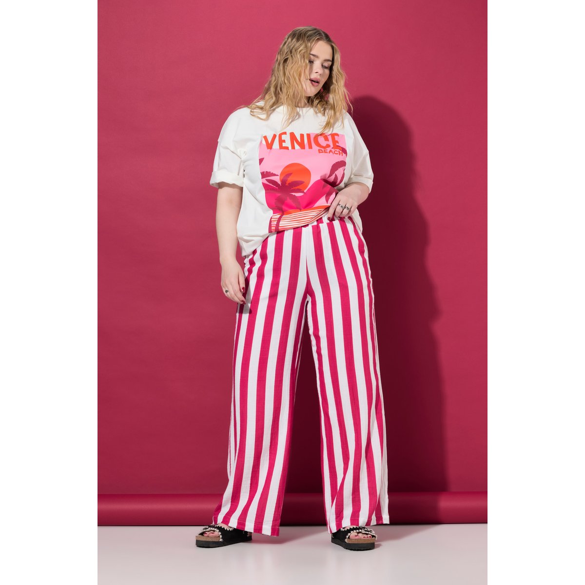 Pantalon en mousseline rayée rose vif, STUDIO UNTOLD
