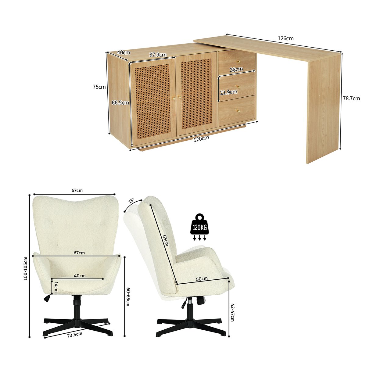 Ensemble de bureau d’angle rotatif avec portes rotin et chaise de bureau, DICCPERNFUCHS blanc, MEUBLES COSY