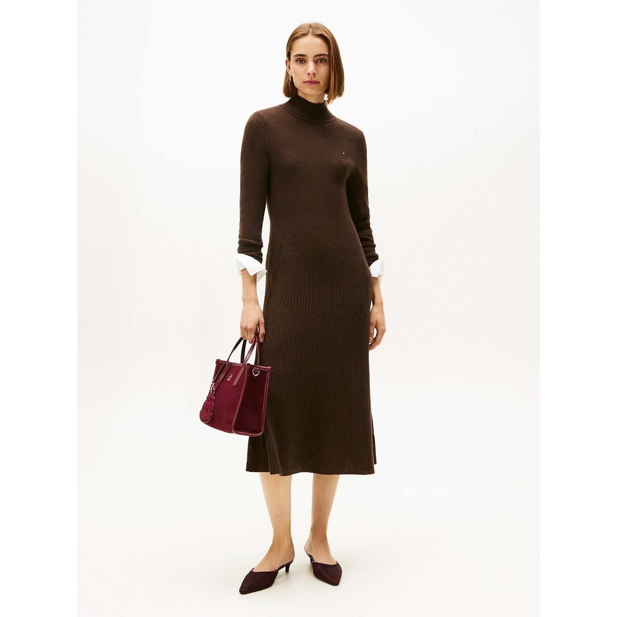 Abito longuette maniche lunghe in lana marrone, TOMMY HILFIGER