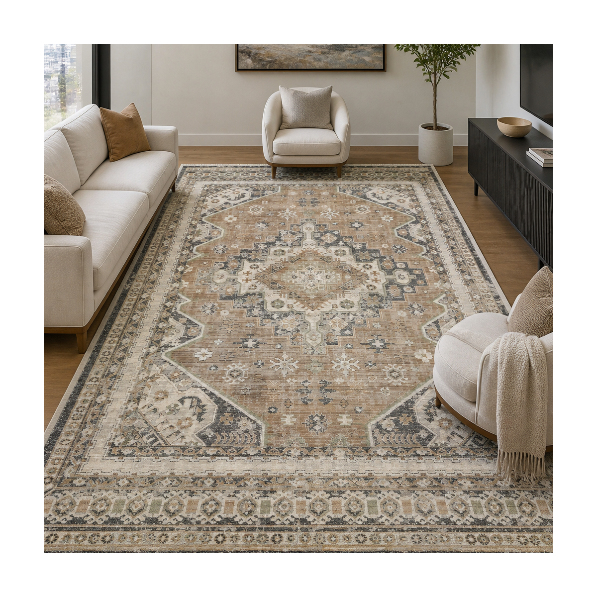 Tapis d'orient, motif oriental authentique, tissé, LYN52 BOUKA beige, crème, gris, UN AMOUR DE TAPIS