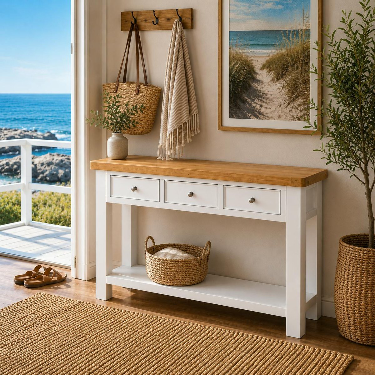 Console blanche style bord de mer 3 tiroirs VELIA blanc, PIER IMPORT