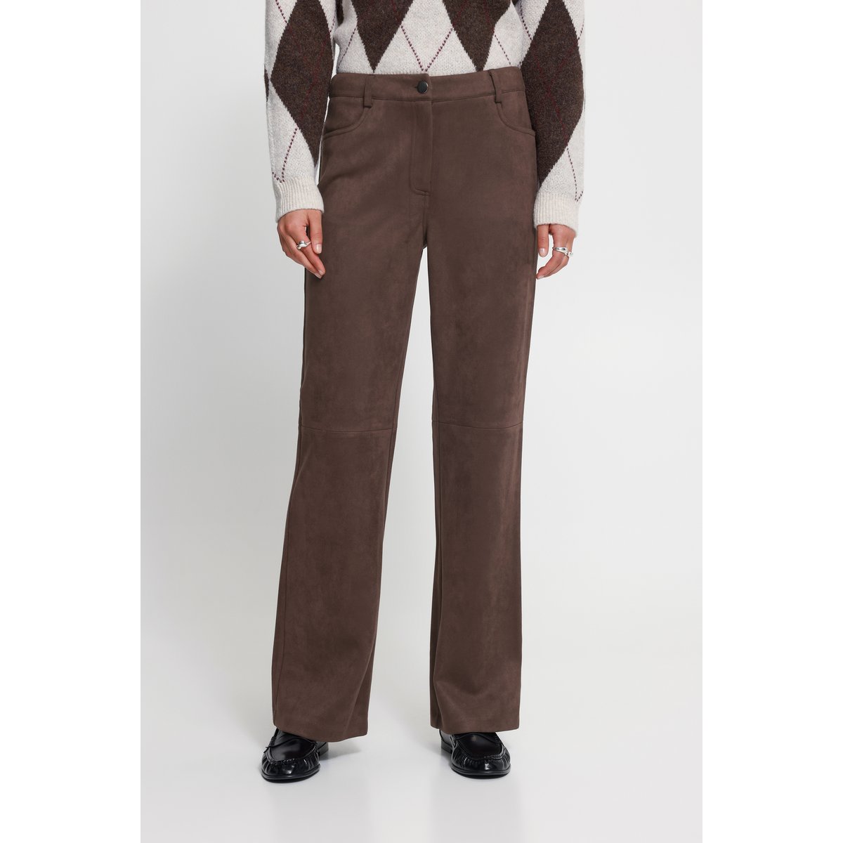 Pantalon coupe droite, finition douce effet suède marron coffee bean, ICHI