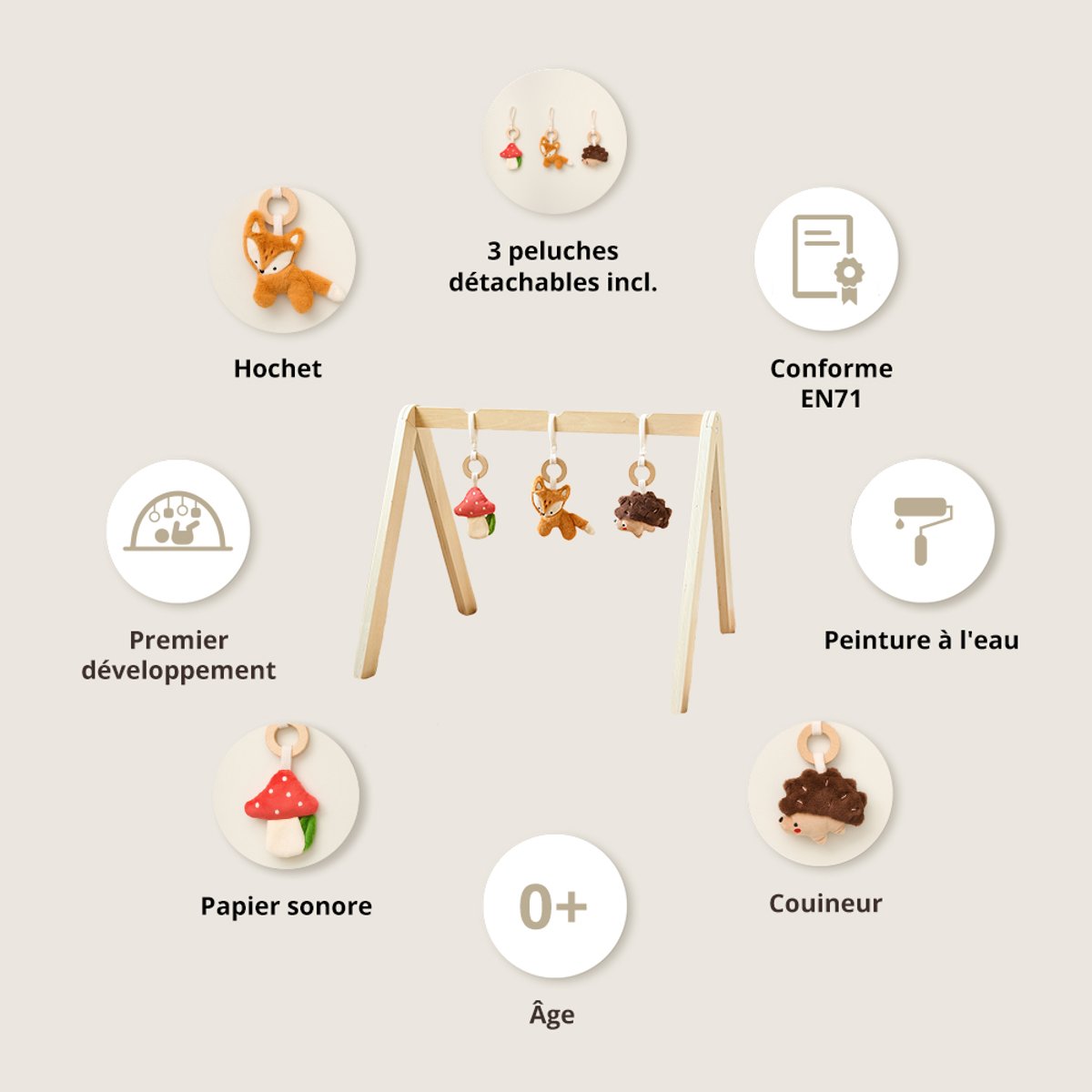 Portique d'éveil bébé FORET naturel, PETITE AMELIE