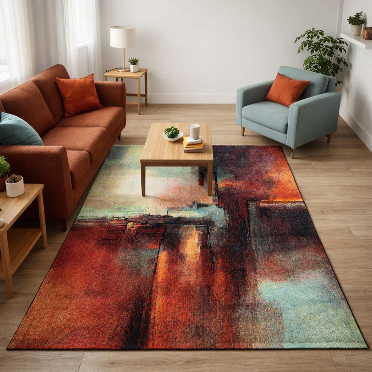 Tapis chambre tissé motif abstrait TABOR rouge, vert, jaune, multicolore, UN AMOUR DE TAPIS