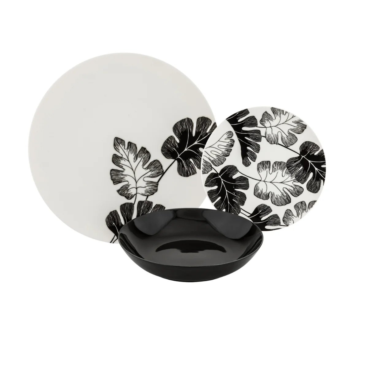 Service de table 18 pièces en porcelaine fine - Leaf noir/blanc, LAGUIOLE CUISSON