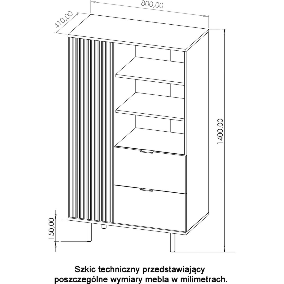 Bibliothèque porte rainurée et tiroirs KLAZBY beige grège, RECOLLECTION