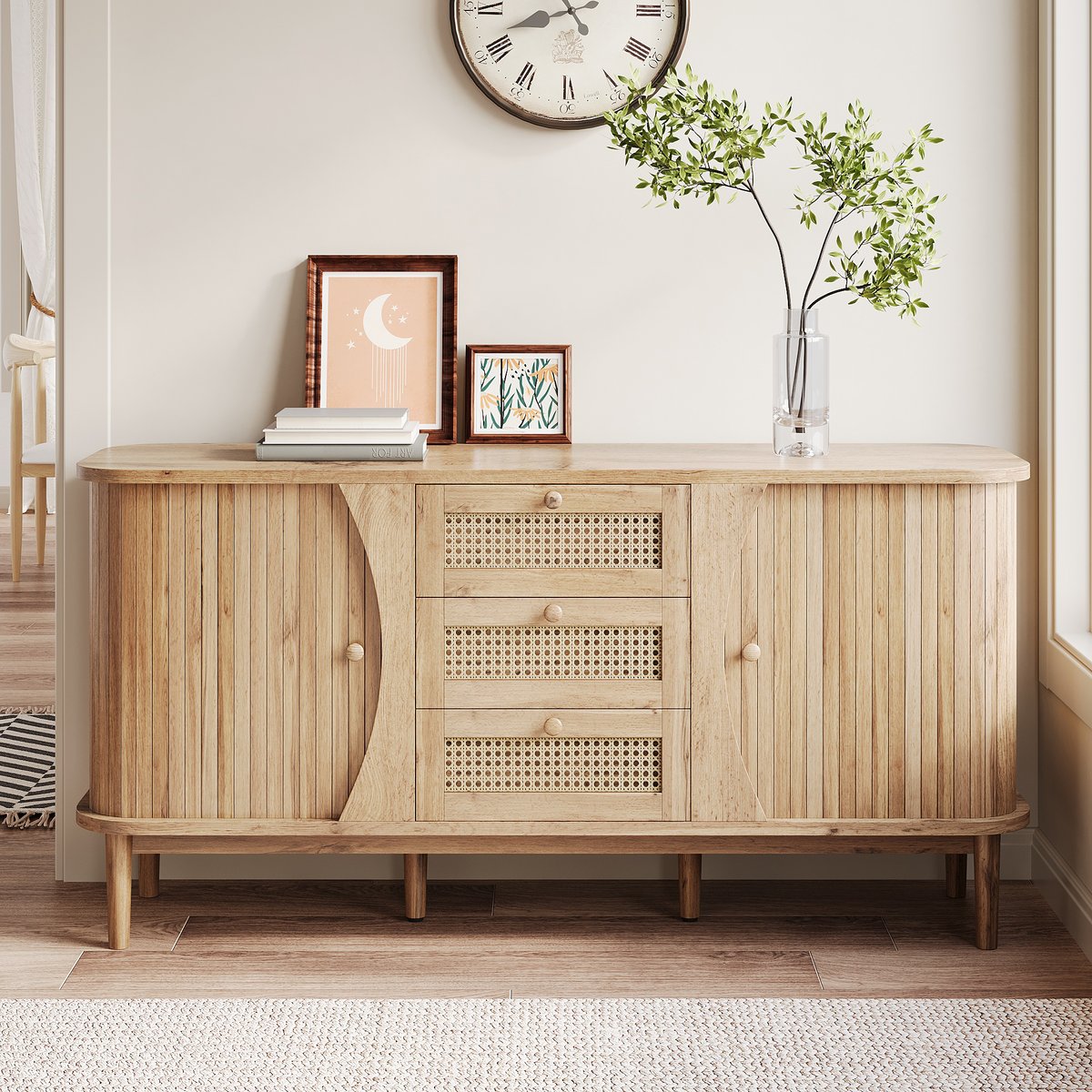 Armoire de rangement avec 2 portes 4 couches et 3 tiroirs ovale style scandinave, KIMIA Armoire chêne, MEUBLES COSY