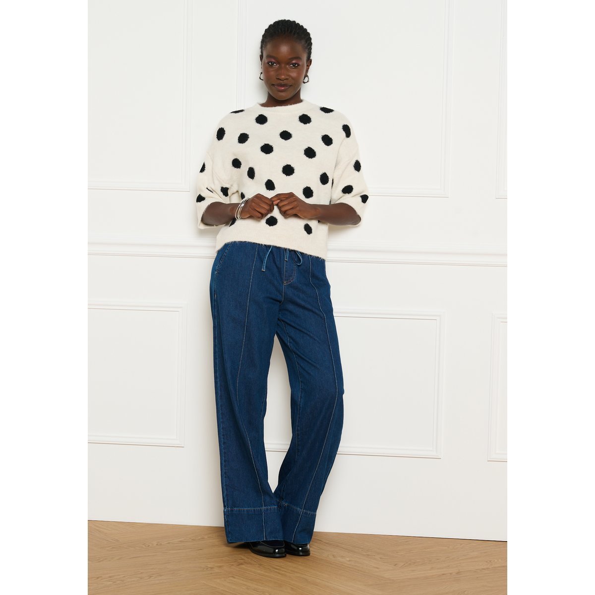 Pull jacquard à pois blanc vanille, LOLALIZA