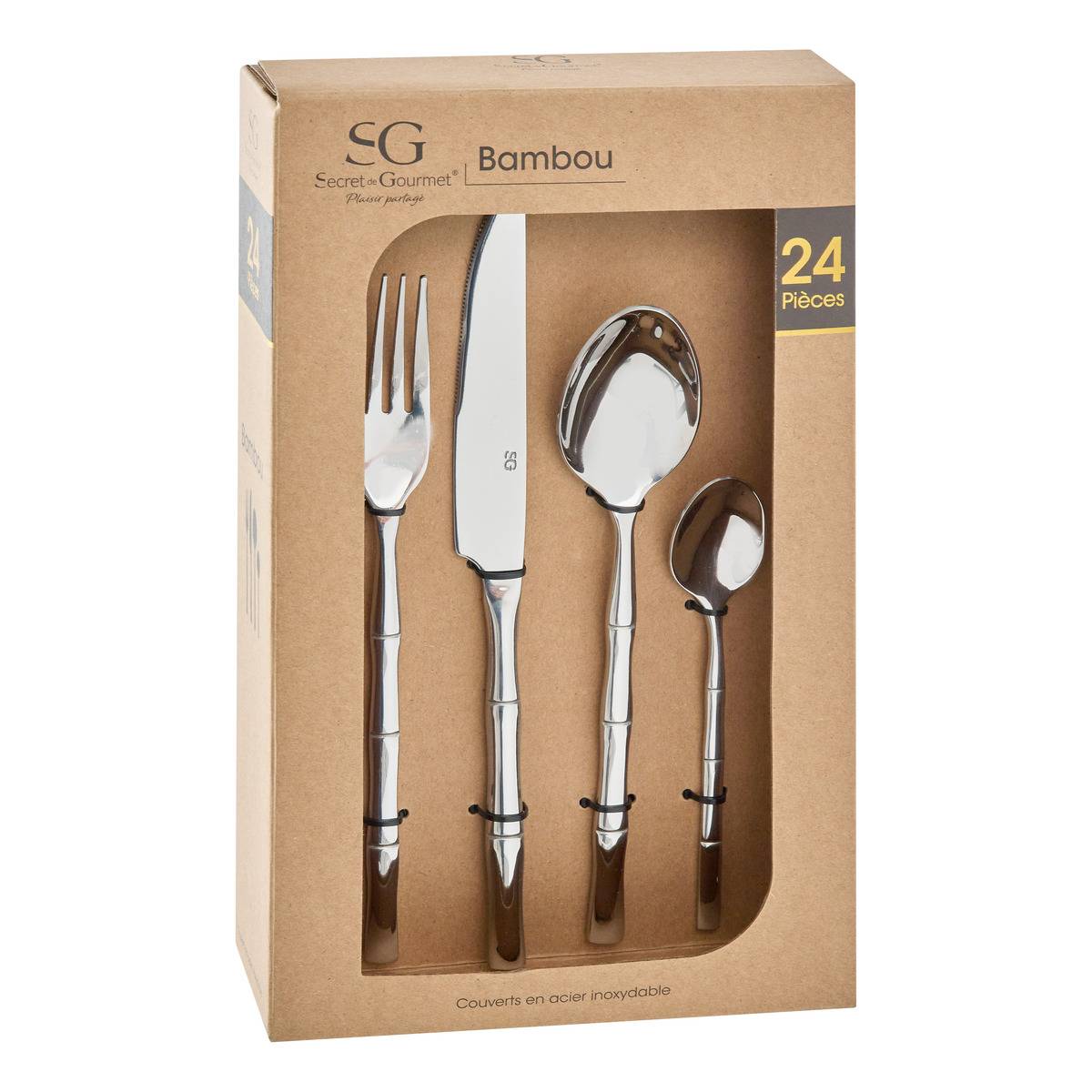 Ménagère 24 pièces en acier inoxydable et bambou BAMBOU argent, SECRET DE GOURMET