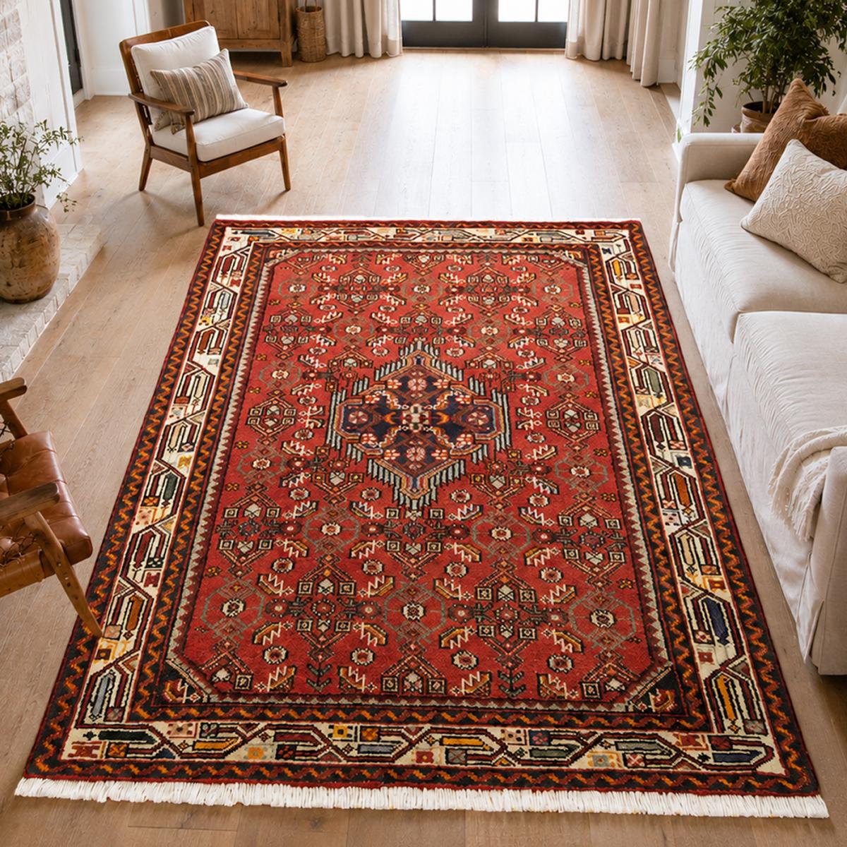 Tapis d'orient à motif oriental, noué main en laine, HAMADAN 26 rouge, bleu, crème, UN AMOUR DE TAPIS