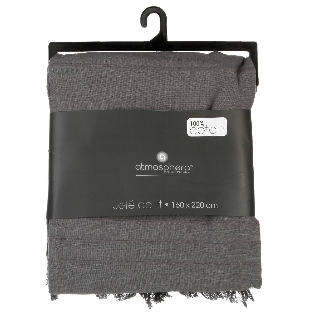 Jeté de lit en coton à franges ANJALI gris, ATMOSPHERA