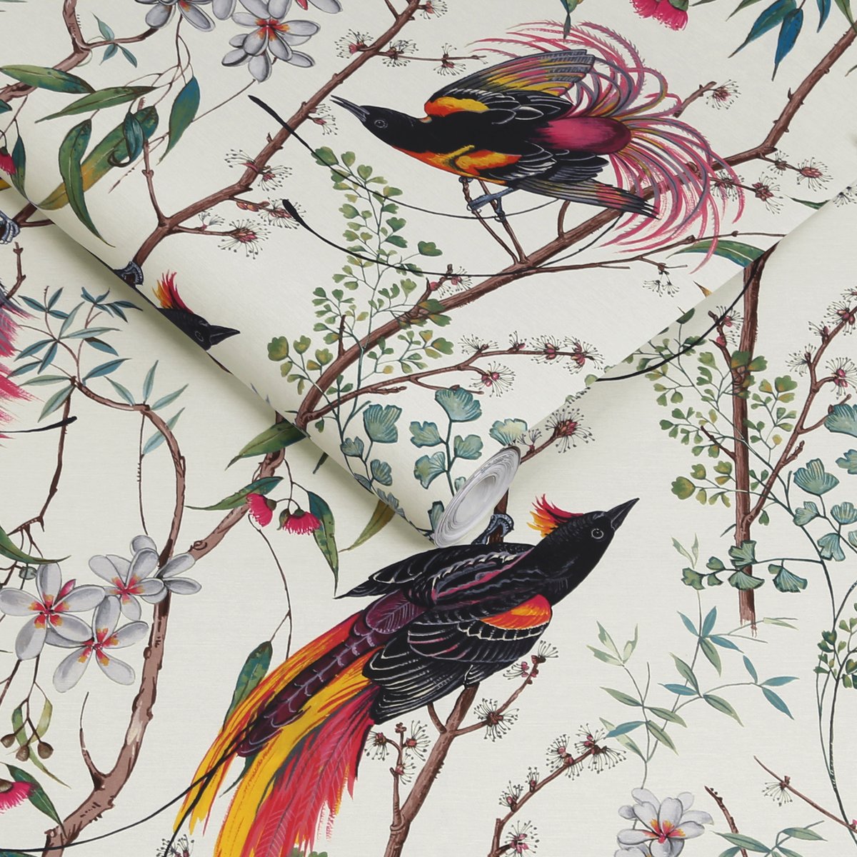 Papier peint Oiseaux Clavering Birds jaune, rose, vert, blanc cassé, GRAHAM ET BROWN